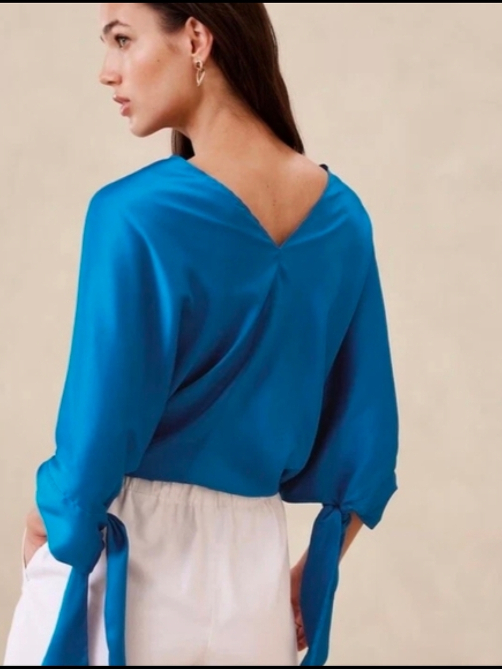 Banana Republic Satin V-Neck Tie-Sleeve Top in Azure Blue